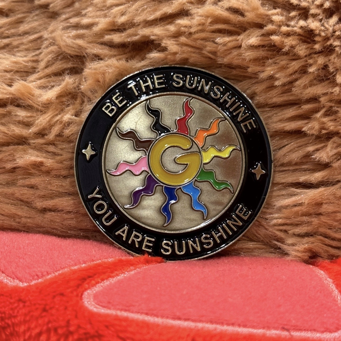 The B Side of the wizard coin resting on a fuzzy brown blanket, showing the rainbow sun rays around a gold letter G.